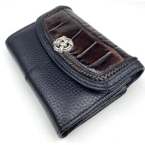 Vtg Brighton Wallet Pebbled Leather Black Croc Embossed Tri Fold ID Holder Zip